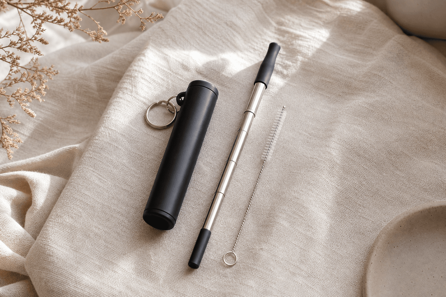 Reusable Steel Straw in black with carrying case