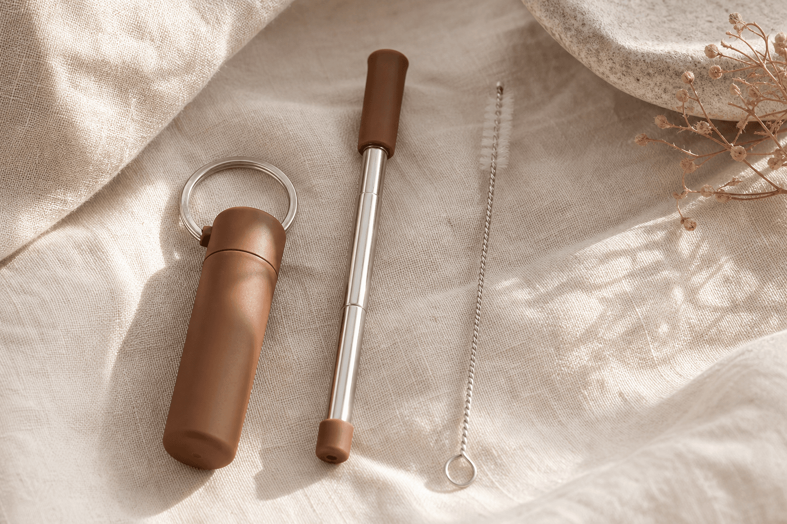 Reusable Steel Straw in brown beside a cup