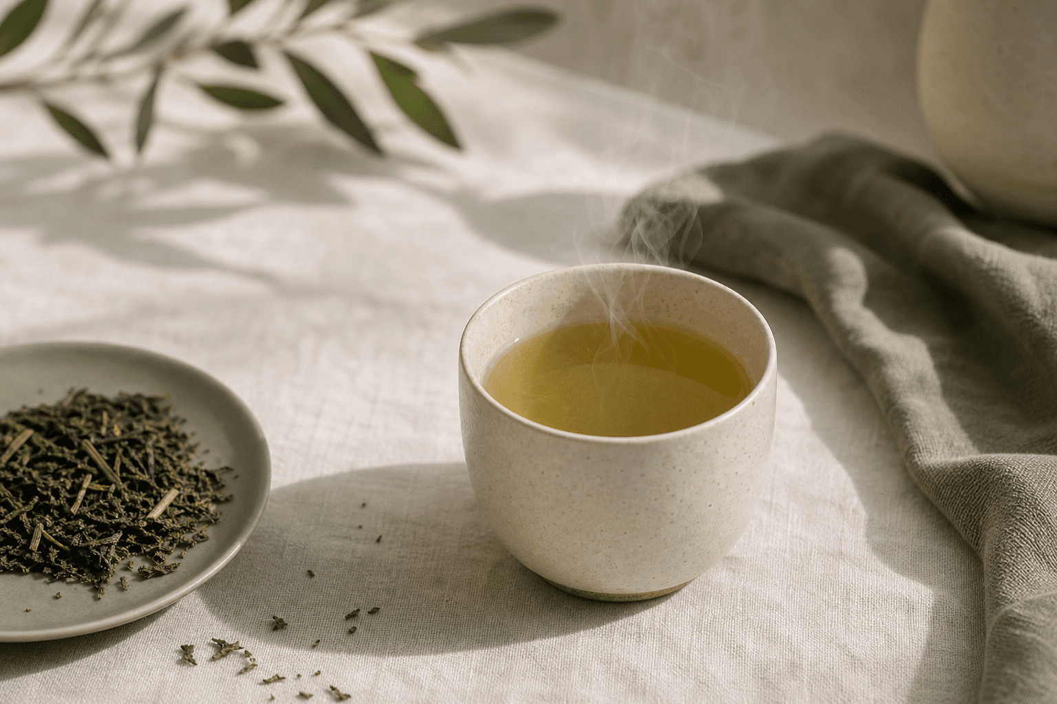 Loose leaf tea steeping in a glass teapot